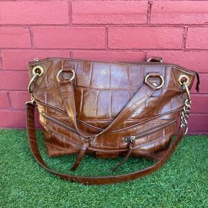 Vinatage Y2K Kate Landry Brown Embossed Leather‎ Chain Shoulder Bag Handbag